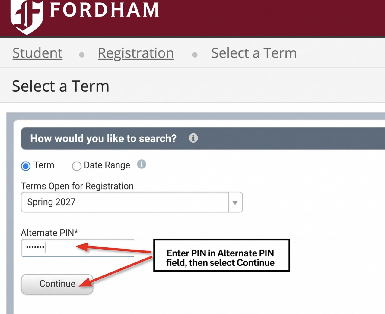 Interface of registration portal showing where a student would enter their PIN.